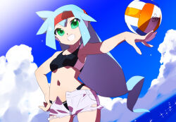 Rule 34 | 1girl, alternate costume, alternate hairstyle, ashe (mega man), ball, bikini, black bikini, blue hair, breasts, cloud, commentary request, commission, green eyes, holding, holding ball, kaidou zx, long hair, mega man (series), mega man zx, mega man zx advent, navel, ocean, open clothes, open fly, open shorts, pixiv commission, short hair, shorts, sky, small breasts, sports bikini, swimsuit, swimsuit under clothes, unbuttoned, unzipped, variant set, volleyball (object), water, white shorts