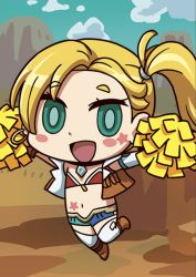 Rule 34 | 1girl, april fools, blonde hair, blush stickers, calamity jane (fate), chibi, cloud, cropped vest, day, fate/grand order, fate (series), green eyes, highres, long hair, midriff, navel, official art, open mouth, pom pom (clothes), riyo (lyomsnpmp), side ponytail, smile, solo, star (symbol), star tattoo, tattoo, two-tone shorts, vest, white legwear, yellow pom poms
