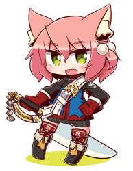 Rule 34 | 1girl, 7th dragon, 7th dragon (series), :d, animal ear fluff, animal ears, belt, belt buckle, bike shorts, black footwear, black shorts, blue jacket, blush, boots, buckle, cat ears, chibi, commentary request, fang, fighter (7th dragon), full body, gloves, green eyes, hair between eyes, hair bobbles, hair ornament, hand on own hip, harukara (7th dragon), holding, holding sword, holding weapon, jacket, knee boots, long sleeves, looking at viewer, naga u, one side up, open mouth, pink hair, red gloves, shadow, short shorts, shorts, smile, solo, standing, striped clothes, striped thighhighs, sword, thighhighs, thighhighs under boots, weapon, white background, white belt