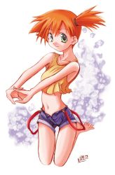 Rule 34 | 1girl, armpits, barefoot, creatures (company), feet, female focus, full body, game freak, green eyes, gym leader, midriff, misty (pokemon), nintendo, orange hair, pokemon, pokemon (classic anime), red hair, shorts, side ponytail, soles, solo, spread toes, suspenders, toes