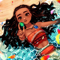 Rule 34 | 1girl, absurdres, arm up, beach, black hair, brown eyes, disney, falling petals, hair slicked back, highres, holding, holding jewelry, jewelry, long hair, looking at object, lying, mal to mal, moana (movie), moana waialiki, necklace, ocean, on back, orange tank top, parted lips, partially submerged, petals, tank top