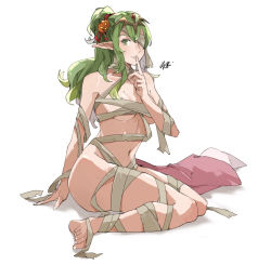 Rule 34 | 1girl, arm support, ass, bandage over one eye, bandages, barefoot, breasts, cleavage, finger to mouth, fingerless gloves, fingernails, fire emblem, fire emblem awakening, gloves, green eyes, green hair, halloween, high ponytail, highres, legs, looking at viewer, medium breasts, mummy, naked bandage, navel, nintendo, pillow, pointy ears, ponytail, sakuremi, shushing, sidelocks, signature, simple background, sitting, solo, thighs, tiki (adult) (fire emblem), tiki (fire emblem), toenails, wavy hair, white background, yokozuwari