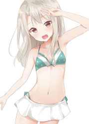 Rule 34 | 1girl, absurdres, arm up, armpits, bikini, breasts, brown eyes, collarbone, cowboy shot, fate/kaleid liner prisma illya, fate (series), green bikini, highres, illyasviel von einzbern, long hair, looking at viewer, miniskirt, natsu (sinker8c), navel, official alternate costume, open mouth, sidelocks, silver hair, simple background, skirt, small breasts, smile, solo, swimsuit, tsurime, white background, white skirt