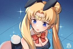 Rule 34 | 1girl, animal ears, bare shoulders, bishoujo senshi sailor moon, bishoujo senshi sailor moon s, blonde hair, blush, breasts, cleavage, commentary request, derivative work, earrings, fake animal ears, fake tail, hair ornament, hair over shoulder, highres, jewelry, leotard, long hair, meme, open mouth, parted bangs, playboy bunny, rabbit ears, rabbit tail, red neckwear, red ribbon, ribbon, sailor collar, sailor moon, sailor moon redraw challenge (meme), siriuflong, solo, tail, tsukino usagi, twintails