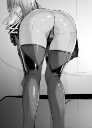 Rule 34 | 1girl, armor, ass, bent over, bodysuit, facing away, fate/grand order, fate (series), greyscale, highres, long hair, monochrome, ootsuka kotora, scathach (fate), shoulder armor, solo, thighs, very long hair