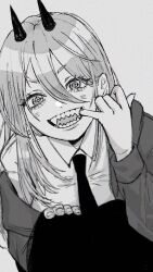 Rule 34 | 1girl, chainsaw man, cross-shaped pupils, finger in own mouth, grey background, greyscale, hair between eyes, highres, horns, jacket, long hair, looking at viewer, monochrome, necktie, open mouth, power (chainsaw man), sharp teeth, simple background, smile, solo, symbol-shaped pupils, teeth, turuo che