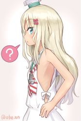 Rule 34 | 1girl, ?, ahenn, blonde hair, bow, commentary request, cow, dress, grecale (kancolle), green eyes, hair bow, hair ornament, hairclip, kantai collection, long hair, looking at viewer, one-hour drawing challenge, pink bow, profile, sailor collar, sailor dress, side-tie dress, sleeveless, sleeveless dress, solo, spoken question mark, standing, striped neckwear, white dress, white sailor collar