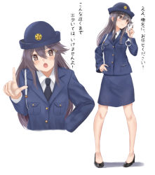 Rule 34 | 10s, 1girl, alternate costume, black hair, blush, brown eyes, commentary request, cuffs, female service cap, hair between eyes, hair ornament, hairband, hairclip, handcuffs, haruna (kancolle), hat, high heels, irohakaede, kantai collection, long hair, looking to the side, miniskirt, multiple views, necktie, open mouth, pencil skirt, pigeon-toed, police, police hat, police uniform, policewoman, skirt, smile, translation request, uniform, white background