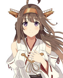 Rule 34 | 1girl, ahoge, blush, brown hair, closed mouth, detached sleeves, hairband, hand on own chest, headgear, highres, kantai collection, kongou (kancolle), kongou kai ni (kancolle), long hair, looking at viewer, nontraditional miko, okuba, purple eyes, simple background, smile, solo, upper body, white background
