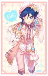 Rule 34 | 1boy, black hair, blue hair, blush, bow, box, braid, candy, chocolate, chocolate heart, clenched hand, english text, flower, food, frilled sleeves, frills, gem, genshin impact, gradient hair, green eyes, hair flower, hair ornament, hat, heart, highres, holding, holding box, isakysaku, jacket, jewelry, leaning forward, long sleeves, looking at viewer, male focus, multicolored hair, one eye closed, open mouth, pink background, pink hat, ribbon, smile, solo, speech bubble, twin braids, valentine, venti (genshin impact), vision (genshin impact), white flower