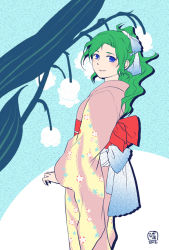 Rule 34 | 1girl, blue eyes, closed mouth, commentary request, final fantasy, final fantasy vi, green hair, hair ornament, japanese clothes, kimono, long hair, looking at viewer, pekamatu, ponytail, solo, tina branford