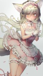 Rule 34 | 1girl, animal ears, apron, blonde hair, blush, bow, brown eyes, dress, female focus, flower, fox ears, fox tail, frilled dress, frills, gradient background, hair between eyes, hair bow, highres, long hair, maid headdress, mitake eil, original, own hands together, pink bow, pink dress, rose, simple background, solo, tail, thigh strap, white flower, white rose