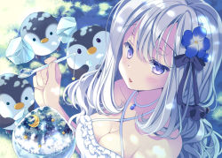 Rule 34 | 1girl, bad id, bad pixiv id, bare shoulders, bird, black ribbon, blue eyes, blue flower, blush, breasts, cleavage, commentary request, face, flower, food, hair between eyes, hoshino koucha, large breasts, looking at viewer, moon, original, penguin, ribbon, shaved ice, spoon, star (symbol), tongue, tongue out, white hair