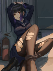 Rule 34 | 1girl, arms up, black footwear, black hair, blue ribbon, bound, bound ankles, bound wrists, breasts, brown eyes, commentary request, crossed ankles, feet out of frame, fire extinguisher, folded ponytail, formal, frown, girls&#039; frontline, gradient hair, hair ribbon, high heels, industrial pipe, jacket, knees up, merridow (girls frontline), moran (pixiv27824646), multicolored hair, on floor, pantyhose, paradeus, pencil skirt, purple hair, restrained, ribbon, shoes, unworn shoes, sidelocks, single shoe, sitting, skindentation, skirt, skirt suit, stiletto heels, suit, thighband pantyhose, tied up, torn clothes, torn legwear