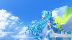 Rule 34 | 1girl, alicks (pixiv 19241330), bird, blue dress, blue hair, blue sky, closed eyes, cloud, cloudy sky, commentary, day, dress, english commentary, frown, hair ornament, hatsune miku, leaning forward, long hair, looking at viewer, outdoors, plant, potted plant, sky, sleeveless, sleeveless dress, solo, standing, teeth, twintails, upper teeth only, very long hair, vocaloid