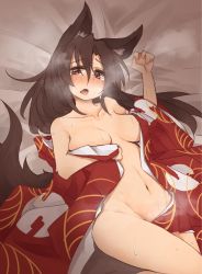 Rule 34 | 1girl, animal ears, bed, blush, breasts, brown hair, collarbone, fang, female focus, groin, imaizumi kagerou, kaginoni, large breasts, long hair, looking at viewer, navel, nude, open mouth, red eyes, solo, sweat, tail, tears, touhou, wolf ears, wolf tail