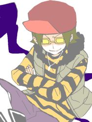 Rule 34 | 1boy, bad id, bad pixiv id, baseball cap, crossed arms, evil smile, fur trim, glasses, goggles, hat, jewelry, looking at viewer, looking back, male focus, mzd, necklace, pendant, pop&#039;n music, shaded face, shirt, simple background, smile, solo, striped clothes, striped shirt, vest, white background