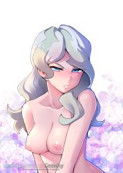 Rule 34 | 1girl, angry, backlighting, blue eyes, blue hair, breasts, collarbone, diana cavendish, flower print, geewhy, green eyes, half-closed eyes, highres, little witch academia, long hair, looking at viewer, medium breasts, multicolored hair, nipples, nude, shiny skin, solo, two-tone hair, upper body, white background