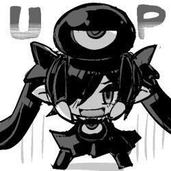 Rule 34 | 1girl, 1other, backbeako (torotei), backbeard, chibi, commentary request, dress, elbow gloves, english text, full body, gegege no kitarou, gloves, hair over one eye, hair ribbon, half-closed eye, long hair, looking at viewer, monochrome, on head, one-eyed, one eye closed, open mouth, original, pointy ears, ribbon, simple background, sleeveless, sleeveless dress, smile, standing, straight-on, thighhighs, torotei, twintails, white background