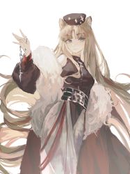 Rule 34 | 1girl, absurdres, ambience synesthesia, animal ears, arknights, bare shoulders, black dress, black hat, blonde hair, closed mouth, cowboy shot, dafeiwurenkundexiangsi, detached sleeves, dress, fur shawl, green eyes, hat, highres, holding, long hair, long sleeves, looking at viewer, official alternate costume, parted bangs, shawl, simple background, smile, solo, swire (arknights), tiger ears, very long hair, white background