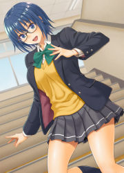 Rule 34 | 1girl, :d, blazer, blue eyes, blue hair, blue jacket, bow, bowtie, breasts, ciel (tsukihime), dress shirt, dutch angle, glasses, green bow, green bowtie, grey skirt, hand up, hida tatsuo, highres, indoors, jacket, looking at viewer, medium breasts, open clothes, open jacket, open mouth, pleated skirt, school uniform, shirt, short hair, skirt, smile, solo, stairs, standing, sweater, tsukihime, tsukihime (remake), v-neck, yellow sweater