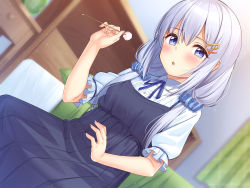 Rule 34 | 1girl, bed, bed sheet, bedroom, blue dress, blue eyes, blurry, blurry background, blush, breasts, depth of field, dress, depth of field, from below, hair ornament, hair tie, hairclip, highres, indoors, looking at viewer, medium hair, mimikaki, open mouth, original, silver hair, sitting, small breasts, super nagoyaka, twintails