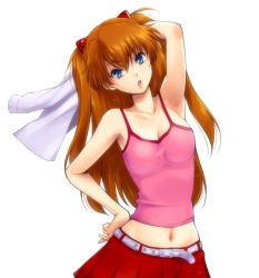 Rule 34 | 00s, 1girl, arm behind head, armpits, arms up, bare shoulders, belt, blue eyes, breasts, camisole, casual, cleavage, coat, collarbone, hairu, hand on own hip, long hair, midriff, navel, neon genesis evangelion, orange hair, rebuild of evangelion, simple background, skirt, solo, souryuu asuka langley, twintails, two side up, white background