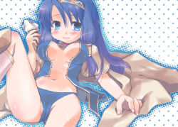 Rule 34 | 1girl, blue eyes, blue hair, blue panties, blue shirt, blush, breasts, breasts apart, brown cape, cameltoe, cape, closed mouth, commentary request, feet out of frame, hair between eyes, ice cream cone, long hair, looking at viewer, medium breasts, okosama lunch (sendan), open clothes, open shirt, panties, ragnarok online, shirt, smile, solo, tiara, underwear, wizard (ragnarok online)