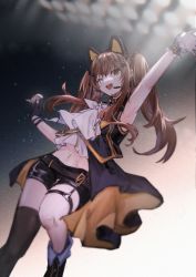 Rule 34 | 1girl, animal ears, arm up, black gloves, black pants, brown hair, cat ears, commentary request, fake animal ears, feet out of frame, fingerless gloves, girls&#039; frontline, gloves, hair between eyes, hair ornament, headset, highres, idol, long hair, microphone, nail polish, navel, one eye closed, open mouth, orange nails, pants, qiujiao, scar, scar across eye, scar on face, shirt, single glove, single thighhigh, smile, solo, teeth, thighhighs, twintails, ump9 (girls&#039; frontline), upper teeth only, white shirt