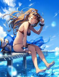 Rule 34 | 1girl, arm up, bare shoulders, barefoot, beatrix (granblue fantasy), bikini, blue sky, blush, brown hair, cloud, commentary request, day, eyewear on head, unworn eyewear, feet, granblue fantasy, grin, hair ornament, hair ribbon, high ponytail, holding, holding removed eyewear, long hair, looking at viewer, multicolored bikini, multicolored clothes, navel, ocean, outdoors, pier, ponytail, ribbon, sitting, sky, smile, soaking feet, splashing, swimsuit, thighs, toes, water, wrist cuffs, zinnkousai3850