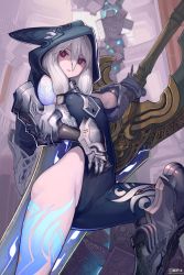 Rule 34 | 10s, 1girl, :o, asymmetrical clothes, breasts, bright pupils, chain chronicle, gauntlets, highres, hood, huge weapon, leg armor, long hair, looking at viewer, npa (sirokurokuma), official art, open mouth, red eyes, small breasts, solo, sword, tattoo, weapon, white hair, yuni (chain chronicle)