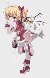 Rule 34 | 1girl, ass, blonde hair, blood, blood on hands, crystal, dress, flandre scarlet, hair ribbon, highres, licking blood, medium hair, mr.turtle head, panties, pointy ears, red dress, red eyes, red ribbon, ribbon, side ponytail, solo, tongue, tongue out, touhou, underwear
