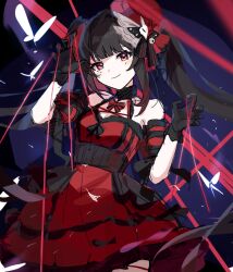 Rule 34 | 1girl, arm up, bare shoulders, bell, black choker, black gloves, black hair, blunt bangs, bow choker, breasts, bug, butterfly, choker, cleavage, commentary request, cowboy shot, detached sleeves, dress, gloves, hand up, hat, hat bell, honkai: star rail, honkai (series), insect, jingle bell, long hair, looking at viewer, mask, mole, mole under eye, official alternate costume, partial commentary, red dress, red eyes, red hat, red sleeves, revision, sleeveless, sleeveless dress, smile, solo, sparkle (honkai: star rail), sparkle (it&#039;s showtime) (honkai: star rail), string, twintails, utori (tanakautori)