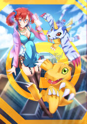 Rule 34 | 1girl, 2others, absurdres, agumon, artist name, black thighhighs, blue dress, blue eyes, blue sky, blush, breasts, cleavage, day, digimon, digimon story: cyber sleuth, dress, gabumon, hair ornament, hairpin, highres, jacket, jewelry, kainex19, large breasts, long hair, looking at viewer, multiple others, necklace, open clothes, open jacket, open mouth, outdoors, pink jacket, red hair, shiramine nokia, short twintails, sky, thighhighs, twintails, watermark