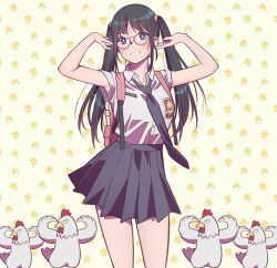Rule 34 | 1girl, andrian januar adilia, armpit crease, backpack, bag, bird, black hair, blue eyes, blue necktie, blue skirt, breasts, chicken, collared shirt, commentary, english commentary, flute, glasses, highres, indonesian high school uniform, instrument, long hair, looking at viewer, medium breasts, necktie, original, pink bag, pleated skirt, recorder, round eyewear, school uniform, shirt, short sleeves, skirt, smile, solo, standing, twintails, upper body, white-framed eyewear, white shirt, yellow background