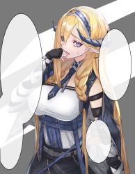 Rule 34 | 1girl, absurdres, arknights, arm strap, bare shoulders, black gloves, black skirt, blonde hair, blue eyes, blue hairband, blue necktie, breasts, commentary, fingerless gloves, gloves, grey background, hair between eyes, hairband, highres, horns, kava, large breasts, long hair, looking at viewer, necktie, pointy ears, saileach (arknights), shirt, skirt, solo, speech bubble, template, upper body, very long hair, white shirt