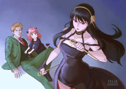 Rule 34 | 2girls, anya (spy x family), black dress, black hair, child, cone hair bun, couple, dagger, dress, earrings, family, father and daughter, felia hanakata, formal, gold earrings, gold hairband, green suit, hair bun, hairband, hairpods, holding, holding dagger, holding knife, holding weapon, husband and wife, jewelry, knife, mother and daughter, multiple girls, pink hair, spy x family, stiletto (weapon), suit, twilight (spy x family), two-sided dress, two-sided fabric, weapon, yor briar