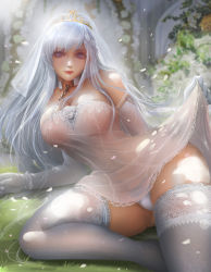 Rule 34 | 1girl, arm support, azur lane, bare shoulders, belfast (azur lane), belfast (the pledge of claddagh) (azur lane), blush, braid, breasts, bridal veil, bride, chain, cleavage, clothes lift, collar, collarbone, curvy, day, dress, dress lift, elbow gloves, french braid, gloves, gold, grass, highres, lace, lace-trimmed dress, lace-trimmed gloves, lace-trimmed legwear, lace trim, large breasts, lifting own clothes, lingerie, long hair, looking at viewer, outdoors, panties, petals, purple eyes, sidelocks, silver hair, sitting, smile, solo, strapless, strapless dress, thick thighs, thighhighs, thighs, tiara, translucent, turewindwalker, underwear, veil, wedding dress, white dress, white gloves, white panties, white thighhighs, wide hips, windwalker