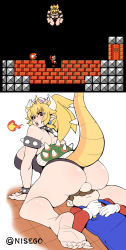 Rule 34 | 1boy, 1girl, ass, barefoot, blonde hair, bowser bomb, bowsette, breasts, comic, door, feet, gameplay mechanics, girl on top, hetero, highres, huge ass, large breasts, leotard, looking back, lying, mario, mario (series), monster girl, new super mario bros. u deluxe, nintendo, nisego, on back, parody, red eyes, sitting, sitting on face, sitting on person, smile, style parody, super mario bros. 3