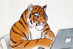 Rule 34 | artist name, closed mouth, commentary, computer, english commentary, green eyes, indoors, laptop, nana nakano, no humans, orange fur, original, tiger, upper body