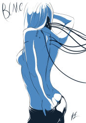Rule 34 | 1girl, artist name, ass, back, bad id, bad pixiv id, blame!, blue theme, bodysuit, breasts, butt crack, cable, cavalry (maslow), cibo, copyright name, cyberpunk, cyborg, dimples of venus, from behind, long hair, medium breasts, monochrome, science fiction, shiny clothes, shoulder blades, sideboob, skindentation, solo, subdermal port, tattoo, topless, undressing, white background