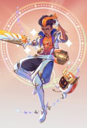 Rule 34 | 1boy, absurdres, alternate costume, arm up, artist request, black hair, blue eyes, boots, brooch, closed mouth, dark-skinned male, dark skin, ekko (league of legends), fingerless gloves, gloves, highres, holding, holding sword, holding weapon, jacket, jewelry, league of legends, looking at viewer, male focus, multicolored hair, official alternate costume, official art, orange hair, orange shirt, outstretched arm, serious, shirt, short sleeves, single fingerless glove, solo, star (symbol), star guardian (league of legends), star guardian ekko, star guardian pet, streaked hair, sword, v-shaped eyebrows, weapon, white footwear, white gloves, white jacket