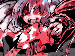 Rule 34 | 1girl, bat wings, blood, blood on clothes, capelet, crazy eyes, evil smile, female focus, red eyes, remilia scarlet, sayakata katsumi, shaded face, short hair, silver hair, smile, solo, touhou, upper body, vampire, wings