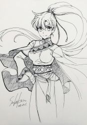 Rule 34 | 1girl, breasts, cape, fire emblem, fire emblem: the blazing blade, fire emblem cipher, greyscale, hand on own hip, highres, long hair, long sleeves, lyn (fire emblem), medium breasts, monochrome, nintendo, official art, pelvic curtain, ponytail, signature, solo, wada sachiko