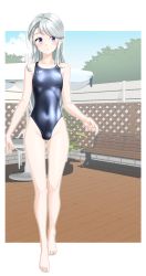 Rule 34 | 1girl, absurdres, alternate costume, asymmetrical bangs, barefoot, bench, blue one-piece swimsuit, blue sky, breasts, cameltoe, competition swimsuit, covered navel, day, full body, grey hair, highleg, highleg swimsuit, highres, kantai collection, long hair, one-piece swimsuit, outdoors, park bench, purple eyes, sagiri (kancolle), sky, small breasts, solo, standing, swept bangs, swimsuit, takafumi