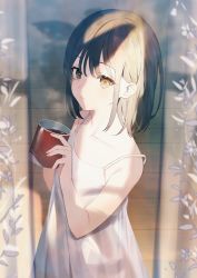 Rule 34 | 1girl, achiki, bare arms, bare shoulders, black hair, blurry, blurry background, blurry foreground, brown eyes, brown hair, closed mouth, collarbone, commentary request, cup, curtains, depth of field, dress, flower, hair between eyes, hand up, holding, holding cup, medium hair, original, shadow, sleeveless, sleeveless dress, solo, spaghetti strap, transparent, white dress, wooden floor