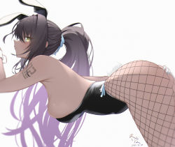 Rule 34 | 1girl, absurdres, animal ears, ass, ass grab, bare shoulders, bent over, black hair, black leotard, blue archive, blush, breasts, closed mouth, commentary, curvy, dark-skinned female, dark skin, dated, dongye1551, fake animal ears, fishnet pantyhose, fishnets, from side, gloves, grabbing own ass, gradient hair, hair intakes, highleg, highleg leotard, highres, huge ass, karin (blue archive), karin (bunny) (blue archive), large breasts, leotard, long hair, looking at viewer, looking to the side, multicolored hair, number tattoo, pantyhose, playboy bunny, ponytail, profile, purple hair, rabbit ears, shiny clothes, shiny skin, shoulder tattoo, sideboob, sideways glance, signature, solo, strapless, strapless leotard, tattoo, thighs, thong leotard, very long hair, white gloves, wide hips, yellow eyes