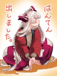 Rule 34 | 1girl, baggy pants, barefoot, bow, brown shirt, collared shirt, commentary request, fujiwara no mokou, hair bow, highres, long hair, long sleeves, mokoiscat, ofuda, ofuda on clothes, pants, red eyes, red pants, shirt, sitting, soles, solo, toes, touhou, translation request, very long hair, white hair