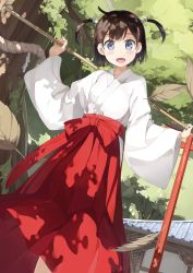 Rule 34 | 1girl, :d, absurdres, ahoge, bad id, bad pixiv id, holding behind back, black eyes, black hair, blue eyes, blush, bow, building, collarbone, cowboy shot, day, derivative work, dutch angle, falling leaves, feathers, hakama, hakama skirt, head tilt, highres, hip vent, holding, holding staff, japanese clothes, kimono, kiriko (araragikoyomi), leaf, long sleeves, looking at viewer, miko, open mouth, outdoors, plant, red bow, red hakama, scan, short twintails, shrine, skirt, smile, solo, staff, standing, summer, tareme, tree, twintails, two side up, wide sleeves