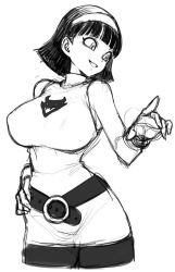Rule 34 | 10s, 1girl, bare shoulders, black hair, breasts, curvy, dragon ball, dragon ball super, dress, female focus, hairband, large breasts, monochrome, parted lips, short hair, simple background, sketch, smile, solo, spacezin, videl